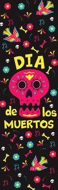 A digital artwork depicting a skeletal figure wearing a pink sugar skull mask, in front of a colorful backdrop with flowers and candles. The text