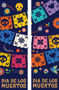 A double vertical banner for the Mexican holiday Dia de los Muertos, decorated with vibrantly colored marigold flowers and two ornately decorated sugar skulls. The banner reads