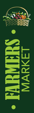 A 30x96 banner for a farmers market, made with a green background, and featuring a colorful illustration of a basket filled with a variety of fresh vegetables, including tomatoes, lettuce, carrots, and corn.