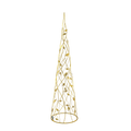 This is a Leavesden Tree, which is featuring a cone shape, adorned with gold metal braiding and golden leaves that elegantly wind around the tree. The tree is illuminated with warm white lights, casting a festive glow.