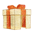 A walkthrough Christmas light display in the shape of a giant gift box. The box is decorated with red and warm white mini lights and is large enough for people to walk through.