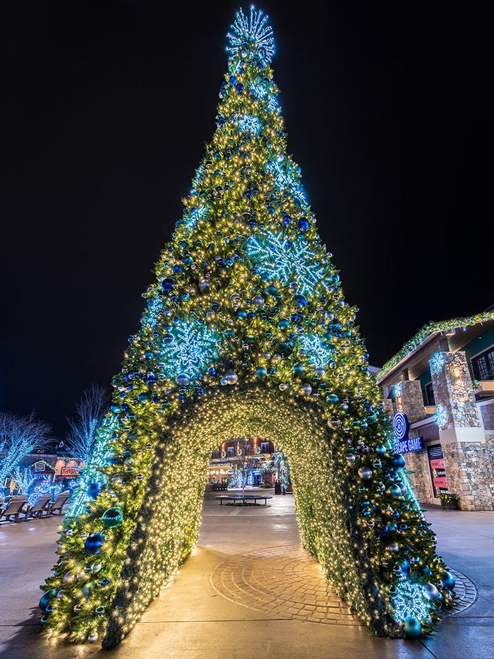 A giant outdoor Christmas tree with a walk-through tunnel decorated with light up snowflake ornaments for family pictures