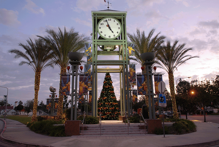 Christmas Tree, banners, and mini lights up for the season.