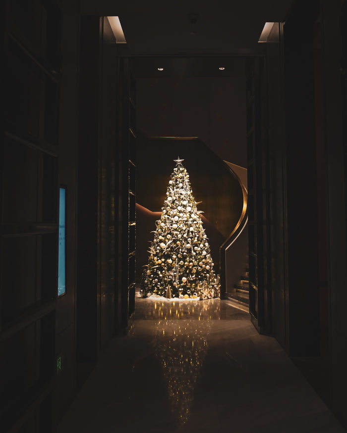 A dark hallway leading to a bright indoor Christmas tree with gold ornaments.