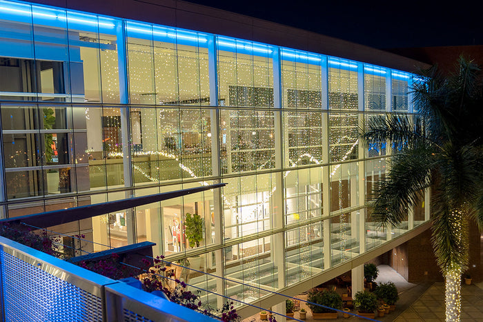 LED Light Curtains in a shopping mall holiday window display