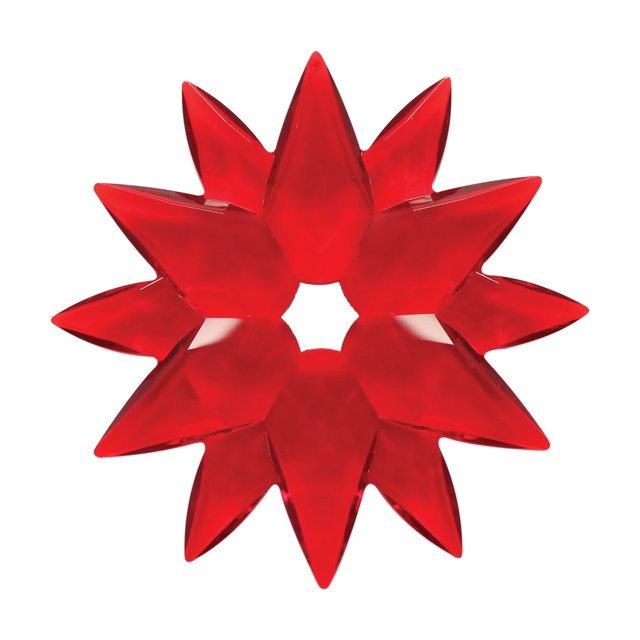 Red acrylic star ornament featuring a dimensional multi-point design with a glossy translucent finish.