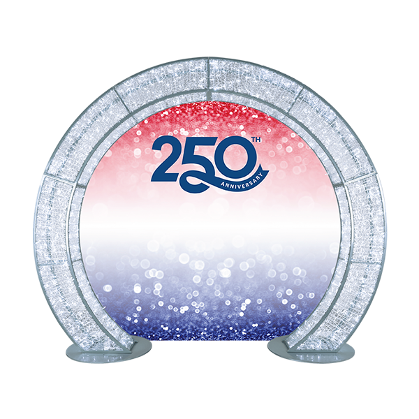 Decorative arch with '250th Anniversary' text on a gradient pink to blue background