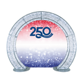 Decorative arch with '250th Anniversary' text on a gradient pink to blue background