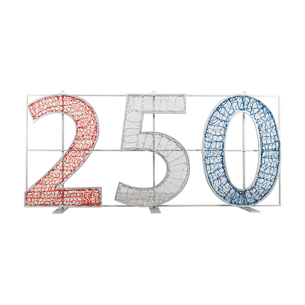 Decorative numbers '250' made of interwoven red, silver, and blue wires on a white background.