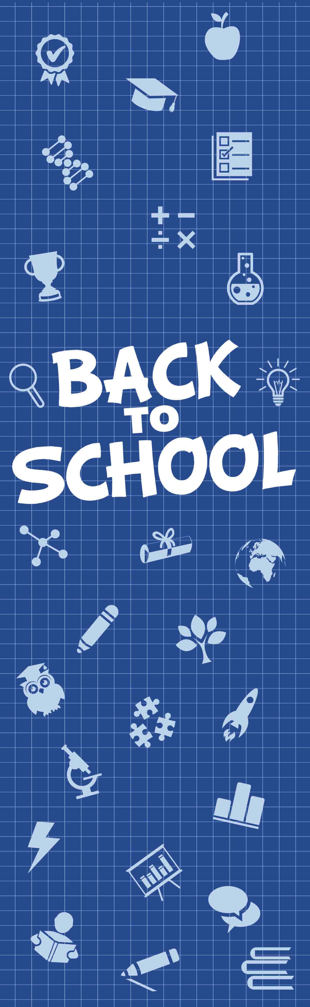 A back to school banner with the words "BACK TO SCHOOL" written in white letters on a blue background. The banner also includes several school icons, such as a pencil, globe, backpack, apple, and calculator.