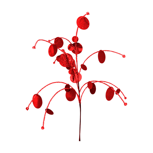 Red Beaded Flitter Spray featuring glittered branching stems with reflective red disc accents and decorative ball ornaments.