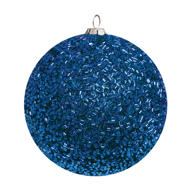 Blue beaded ball ornament with a sparkling textured finish and silver hanging cap.