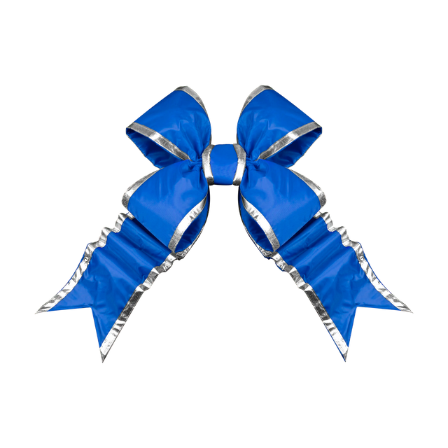 Blue Structural Bow with Silver Trim featuring oversized loops, layered pointed tails, and a bright satin finish.
