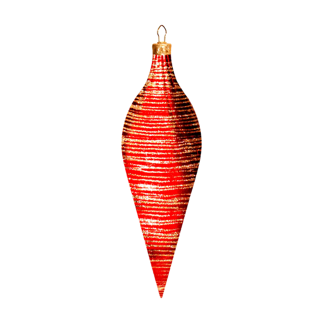 Red Brushed Candy Apple Finial Ornament featuring an elongated pointed shape, horizontal glitter stripes, and a metallic gold finish.