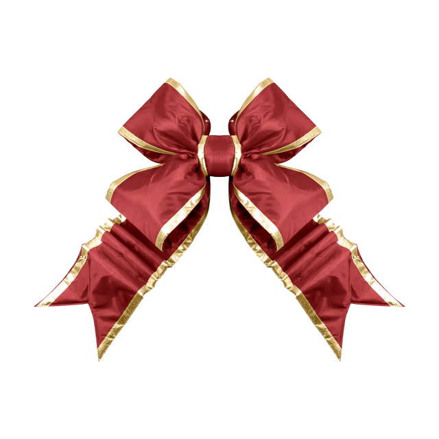 Burgundy Structural Bow with Gold Trim featuring oversized loops, layered pointed tails, and a rich satin finish.