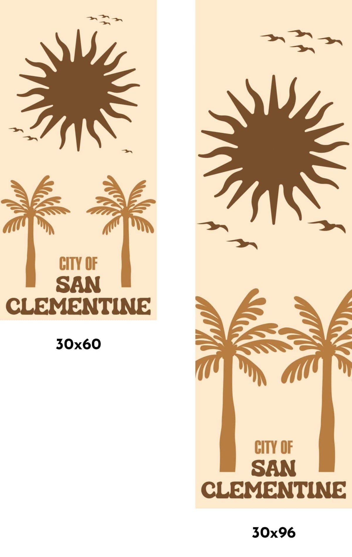 A photo of a city with palm trees and a sun, with the text "CITY OF SAN CLEMENTINE" below it.