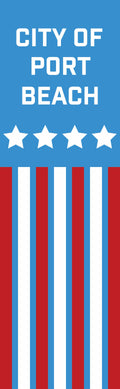 Red, white, and blue patriotic banner for the City of Port Beach. The design also includes 4 white stars sitting across horizontally with 7 alternating red and white vertical stripes below it.