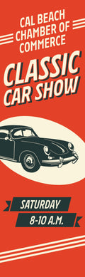 A classic car show poster for the Cal Beach Chamber of Commerce. The poster features an orange background with a vintage car and text that reads 