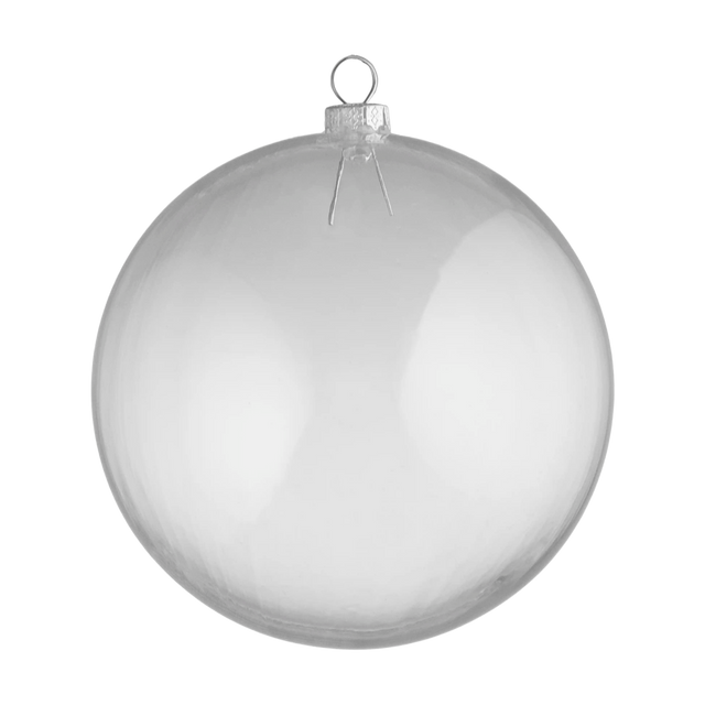 Clear bubble ball ornament featuring a transparent round design with a silver hanging cap and loop.