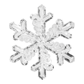 A close-up of a clear spiral acrylic snowflake ornament. The snowflake has six delicate, branching arms and a smooth, reflective surface.