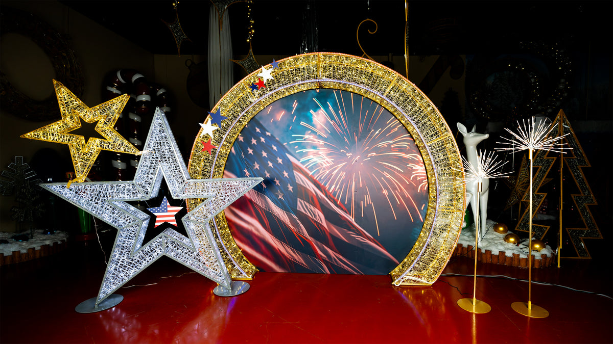 Decorative items with stars and a moon, featuring fireworks in the center, on a dark background.