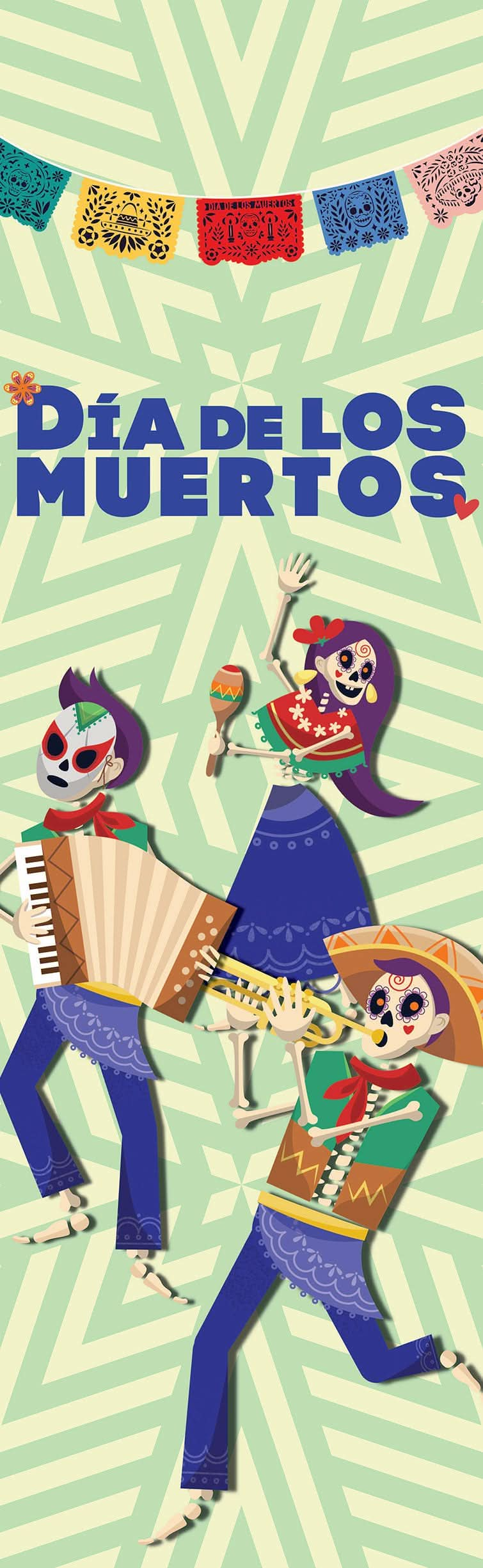 A Dia de los Muertos banner with the text "Dia de Muertos" in white lettering. The banner also features illustrations of sugar skulls, marigolds, and papel picado.