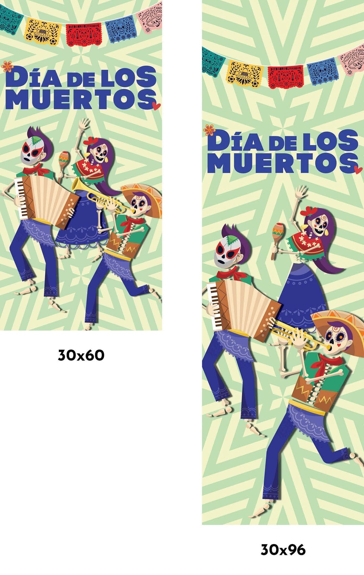 A Dia de los Muertos banner with the text "Dia de Muertos" in white lettering. The banner also features illustrations of sugar skulls, marigolds, and papel picado.