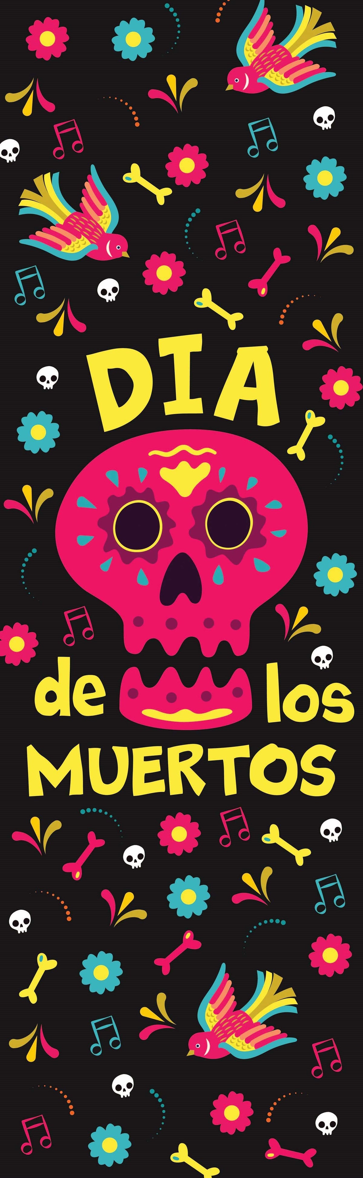 A digital artwork depicting a skeletal figure wearing a pink sugar skull mask, in front of a colorful backdrop with flowers and candles. The text "Dia de los Muertos" is written around the figure in yellow text.