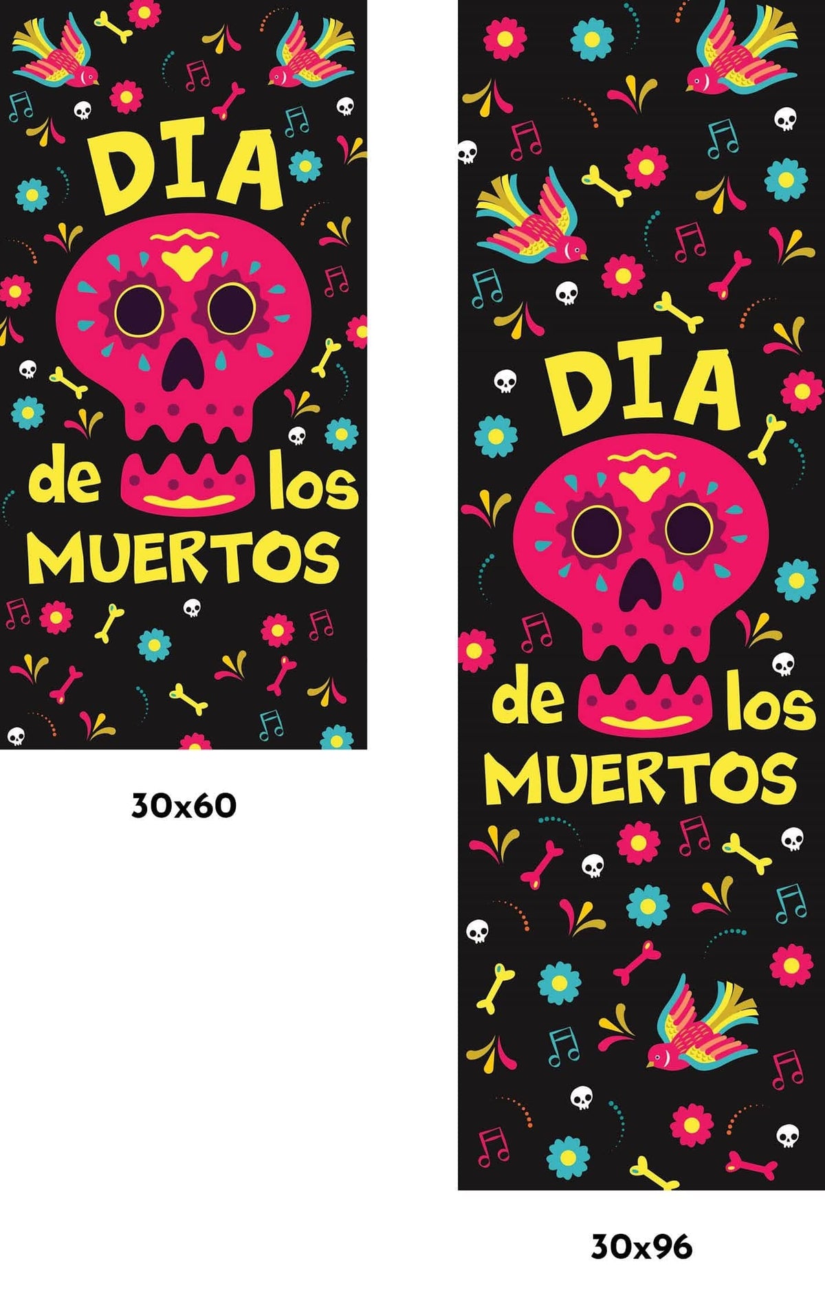 A digital artwork depicting a skeletal figure wearing a pink sugar skull mask, in front of a colorful backdrop with flowers and candles. The text "Dia de los Muertos" is written around the figure in yellow text.