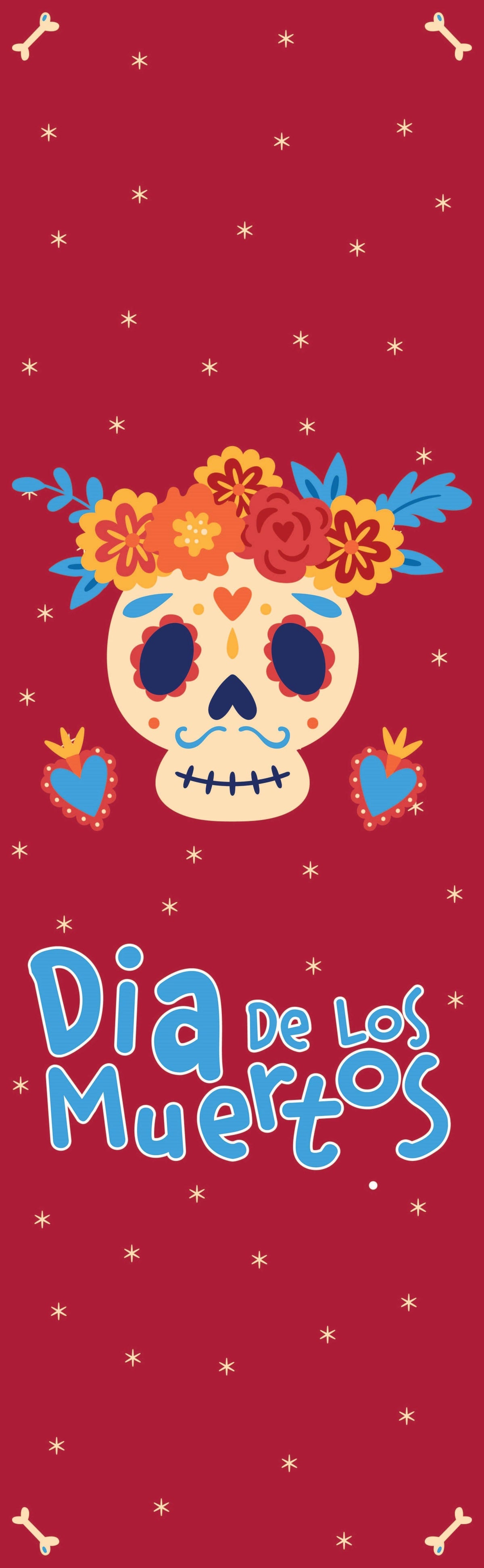 A vibrant pink banner with traditional Mexican symbols and decorations for Dia de los Muertos.