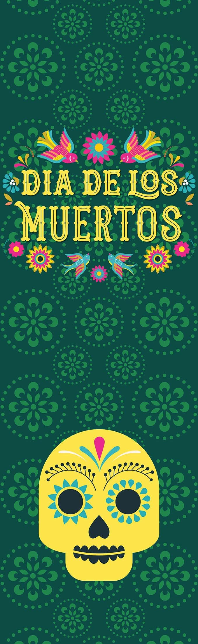 A traditional green banner for Dia de los Muertos, featuring a skull and other decorative elements.