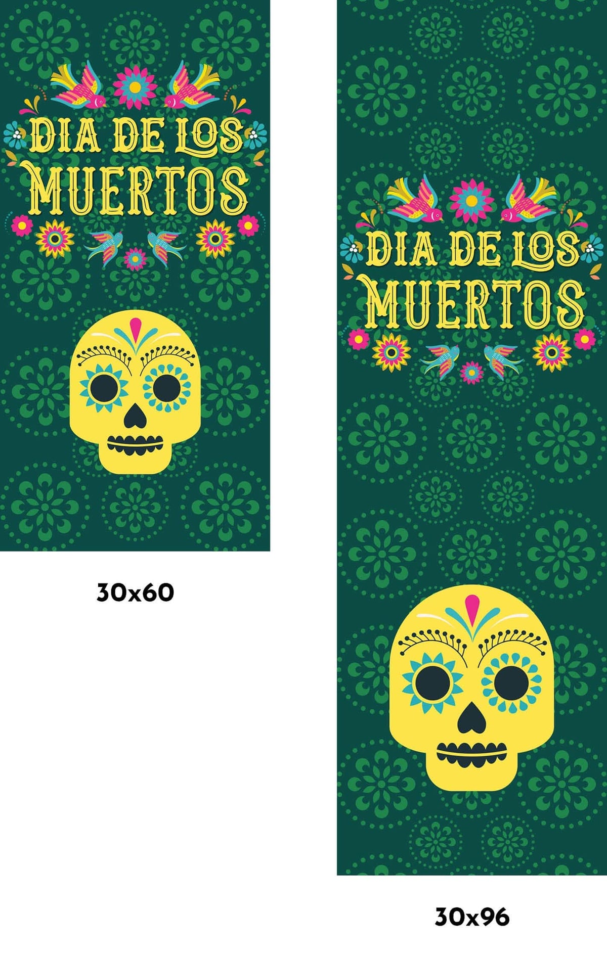 A traditional green banner for Dia de los Muertos, featuring a skull and other decorative elements.