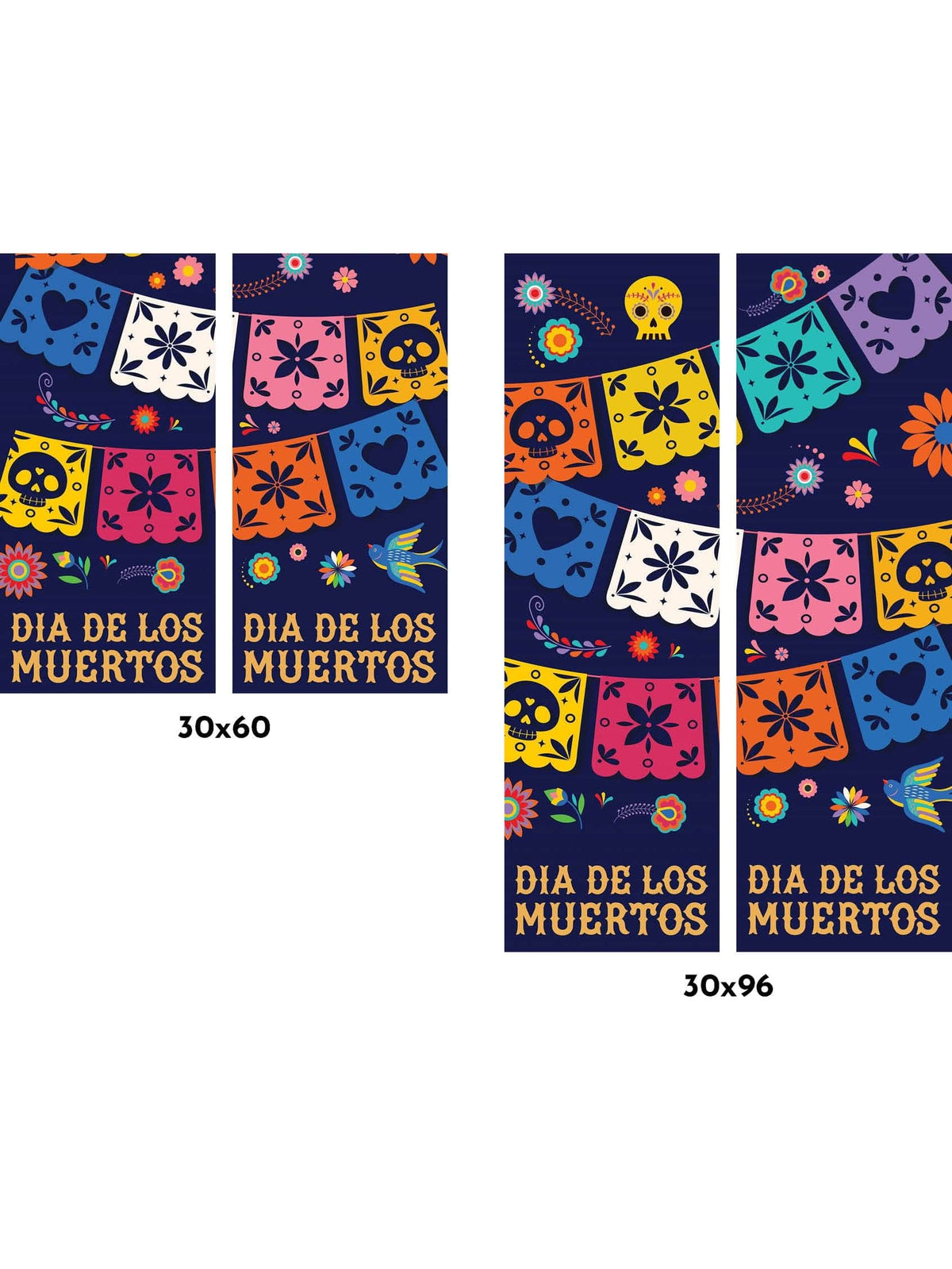 A double vertical banner for the Mexican holiday Dia de los Muertos, decorated with vibrantly colored marigold flowers and two ornately decorated sugar skulls. The banner reads "Dia de los Muertos" in yellow lettering.