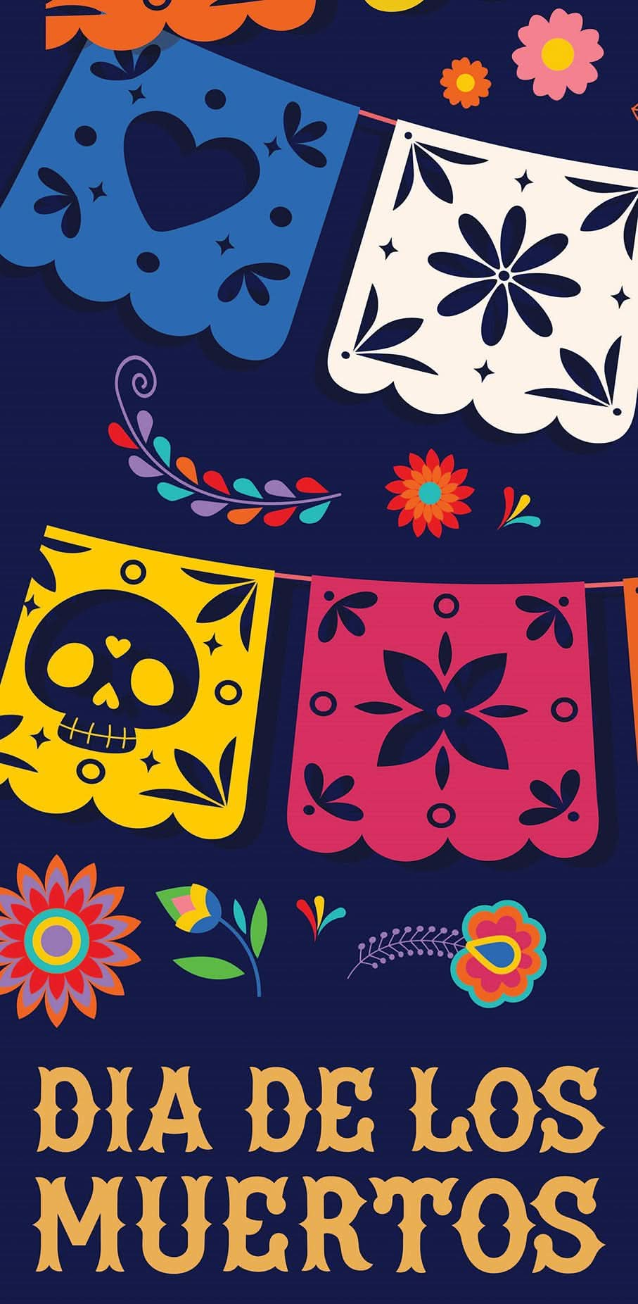 A vertical banner for the Mexican holiday Dia de los Muertos, decorated with vibrantly colored marigold flowers and two ornately decorated sugar skulls. The banner reads "Dia de los Muertos" in yellow lettering.