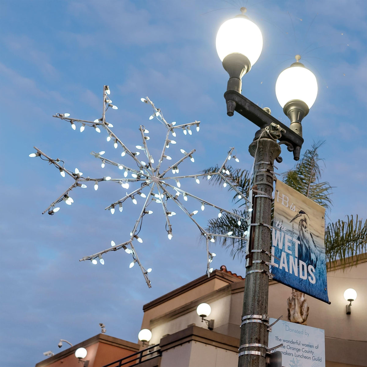 Dekra-Lite LED Deluxe Ice Snowflake Pole Mount displayed on a light pole
