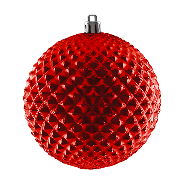 Red Durian Ball Ornament featuring a raised diamond texture, shiny reflective finish, and silver hanging cap.