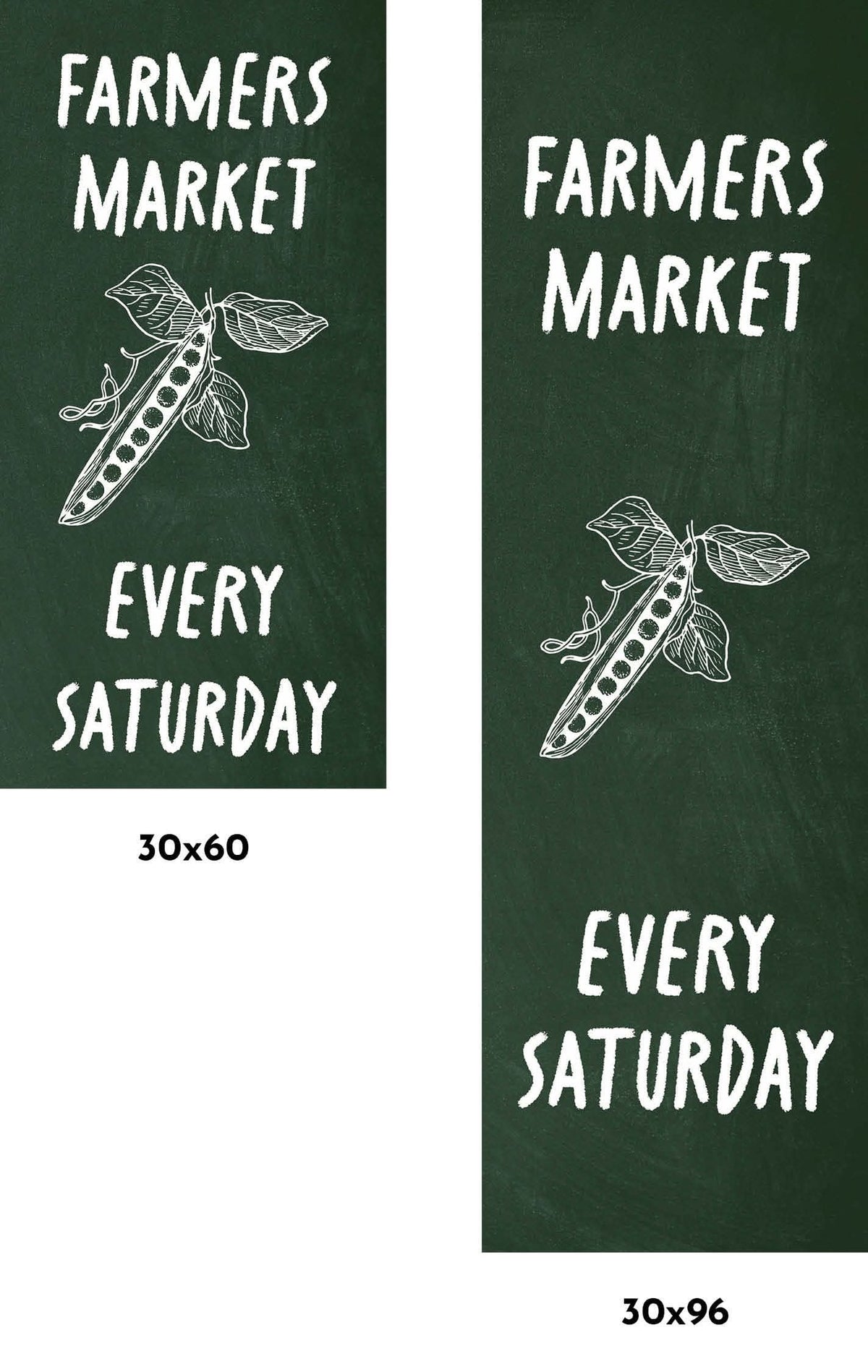 A dark green banner advertising a farmers market every Saturday. The banner features a drawing of peas.