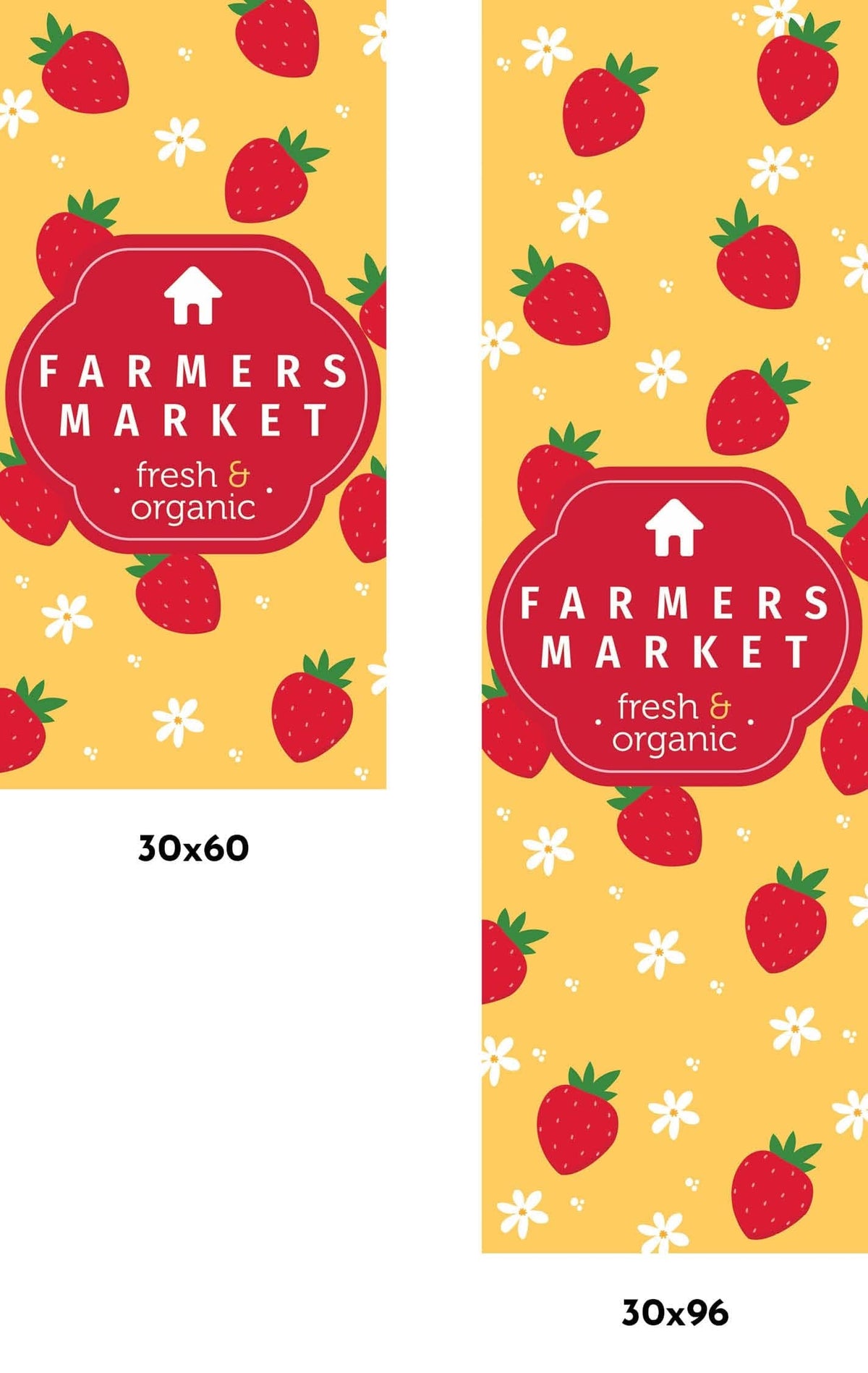 Banner of strawberries on a yellow background with text: Farmers Market