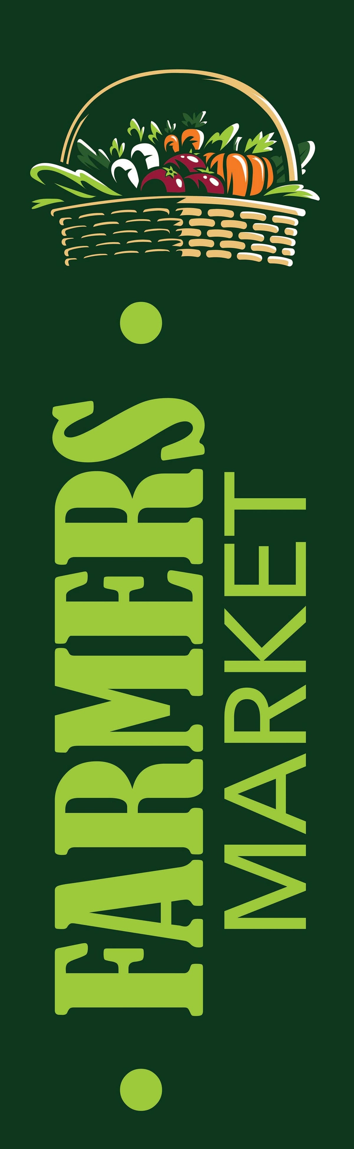A 30x96 banner for a farmers market, made with a green background, and featuring a colorful illustration of a basket filled with a variety of fresh vegetables, including tomatoes, lettuce, carrots, and corn.