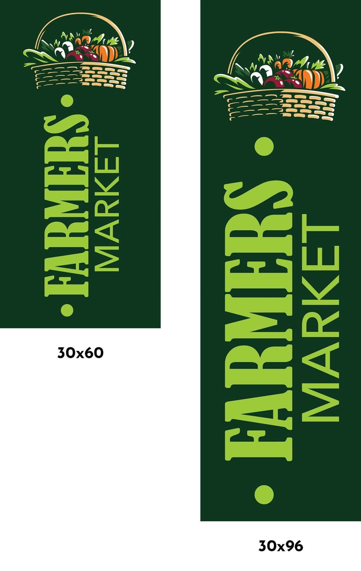A banner for a farmers market, made with a green background, and featuring a colorful illustration of a basket filled with a variety of fresh vegetables, including tomatoes, lettuce, carrots, and corn.
