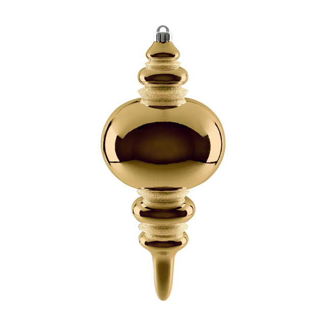 Gold finial ornament featuring a reflective metallic finish, rounded center, glittered accent bands, and a pointed drop.