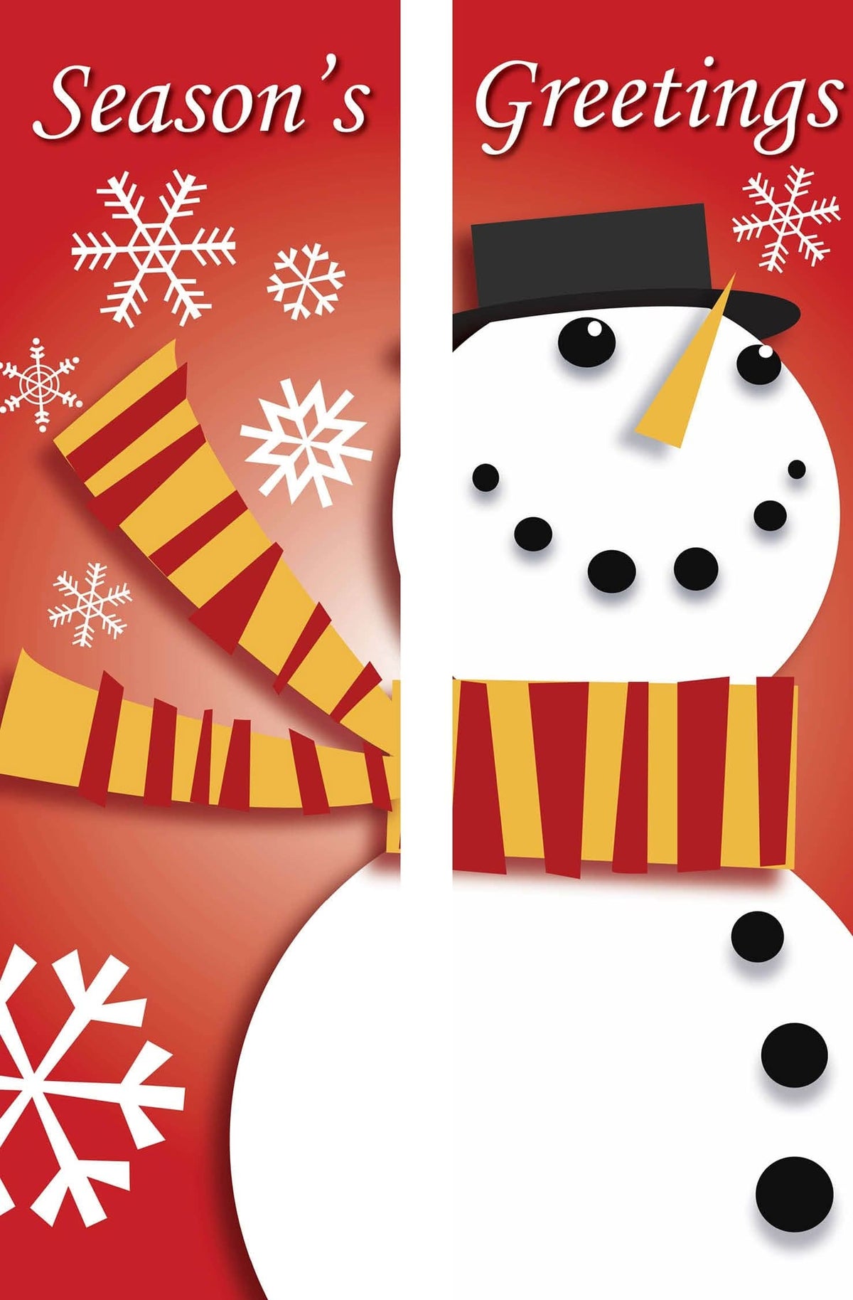 A snowman wearing a scarf on a red background with the text "Season's Greetings".