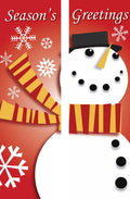 A snowman wearing a scarf on a red background with the text 