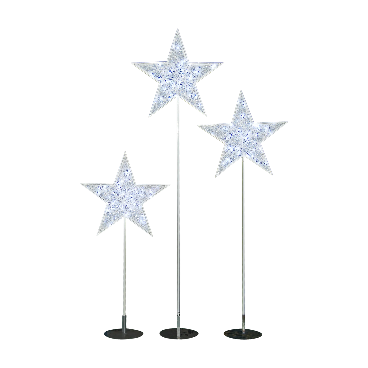 Three star-shaped lights on stands against a white background
