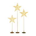 Three star-shaped lights on stands with a clear background