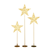 Three star-shaped lights on stands with a clear background