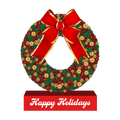 Decorative Christmas wreath with a red bow and 'Happy Holidays' text on a white background