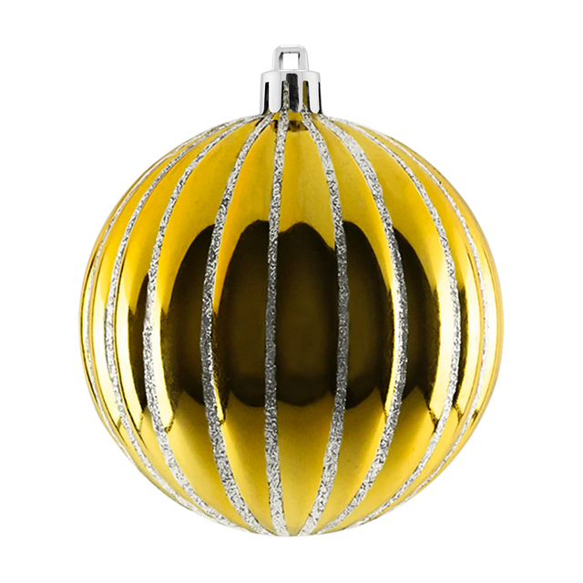 Gold shiny ribbed ball ornament with vertical silver glitter stripes and a silver hanging cap.