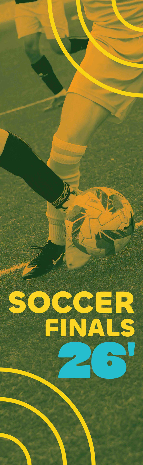 Soccer finals event with players on a field, featuring text 'Soccer Finals 26'.