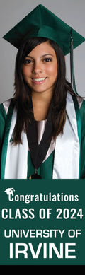 A 30x96 banner showcasing an image of a graduate with white text below it on a green background reading 